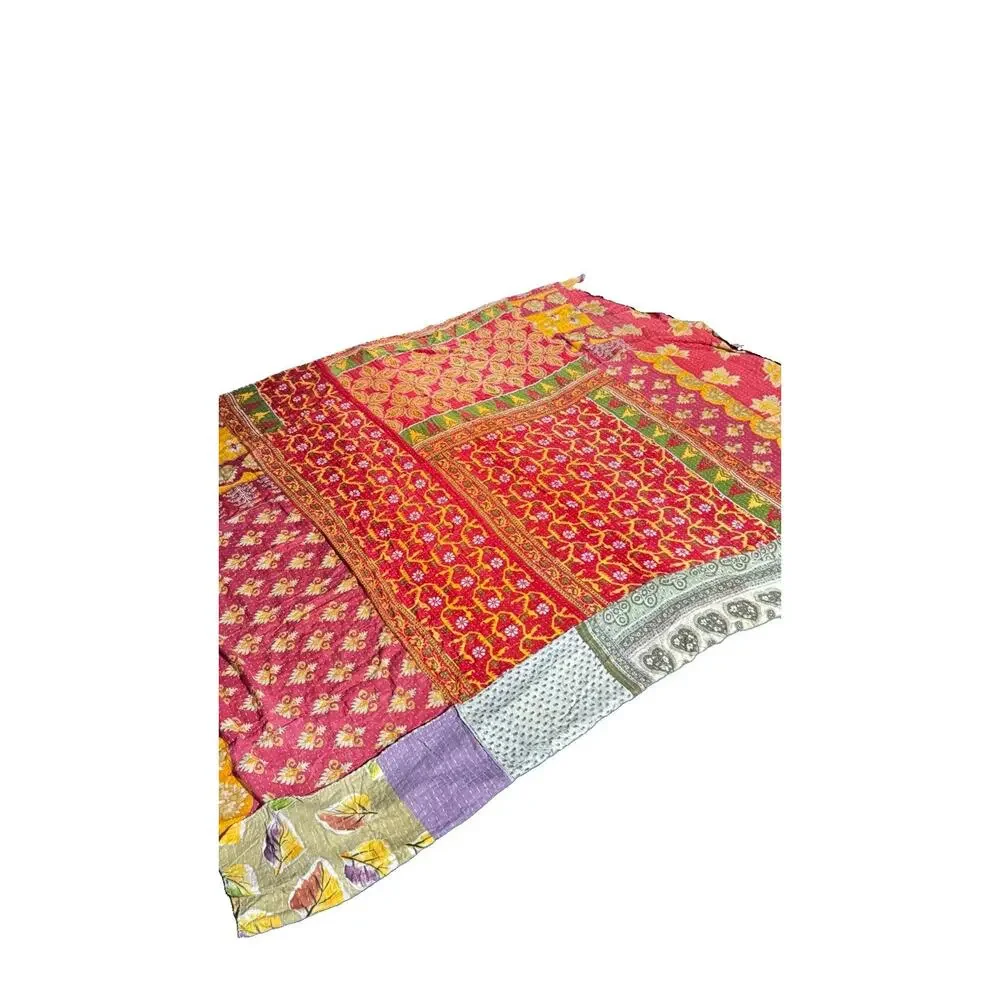Bedding Handmade Floral Print King Size Bedspread Cotton Kantha Quilt 80 X102
